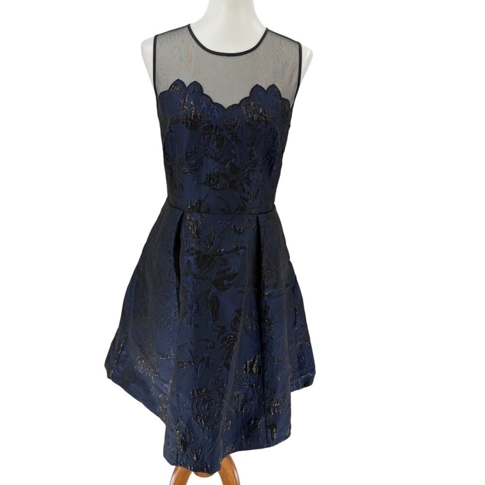 Navy Blue Floral Jacquard Cocktail Dress With Sheer Illusion Neckline Size 6